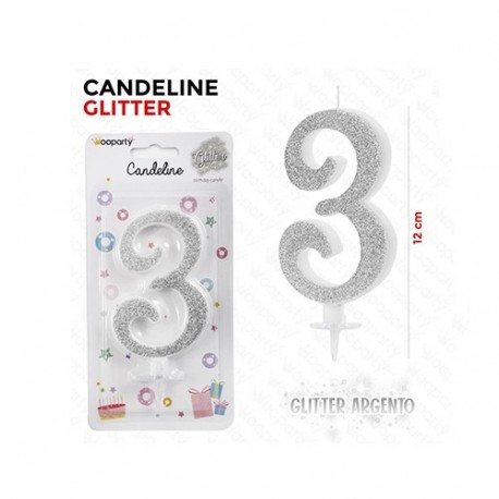 CANDELINE GLITTER ARGENTO N. 3 12CM  -